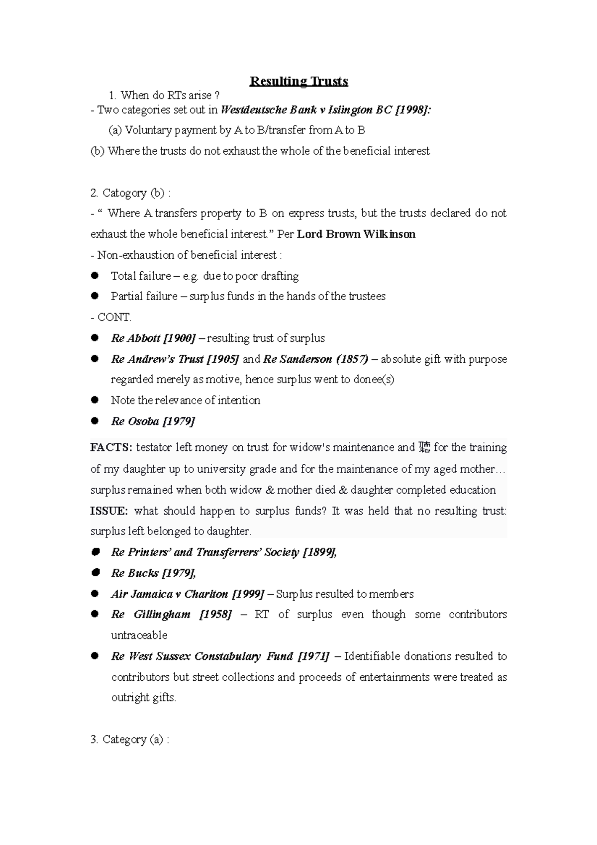 Resulting Trusts - Lecture notes 9 - Resulting Trusts 1. When do RTs ...