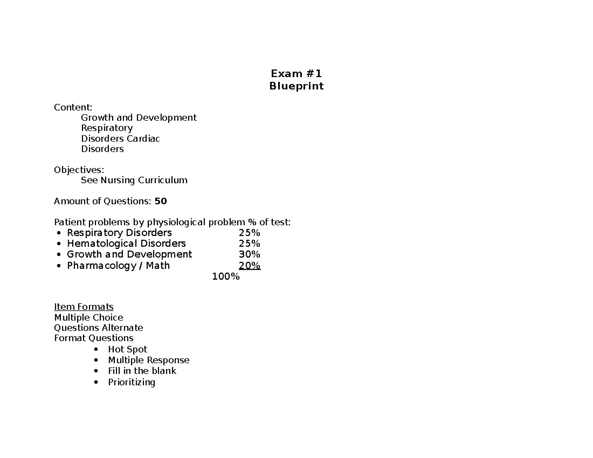 NUR2310. Exam Blueprint #1.07 - Exam Blueprint Content: Growth And ...