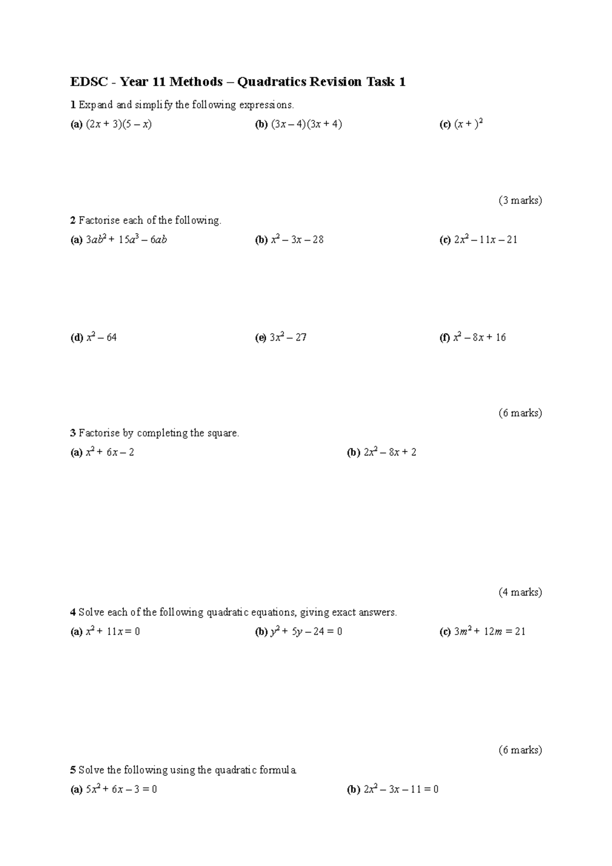 11MM Quadratics Skills Revision Task1 - EDSC - Year 11 Methods ...