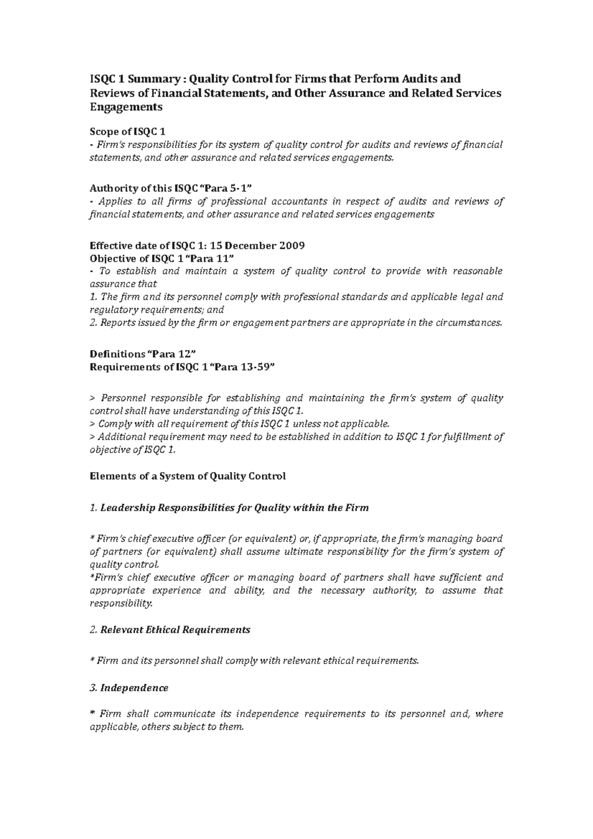 ISQC 1 Summary - ISQC1 - ISQC 1 Summary : Quality Control for Firms ...