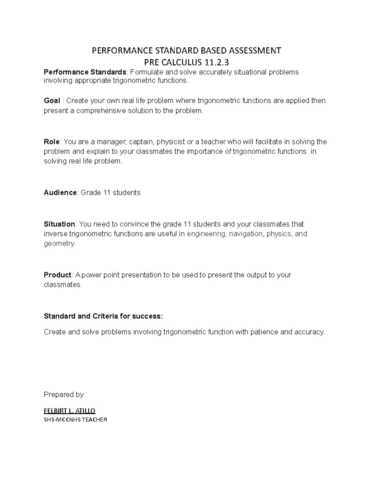 PreCalculus 11 PETA PERFORMANCE STANDARD BASED ASSESSMENT PRE