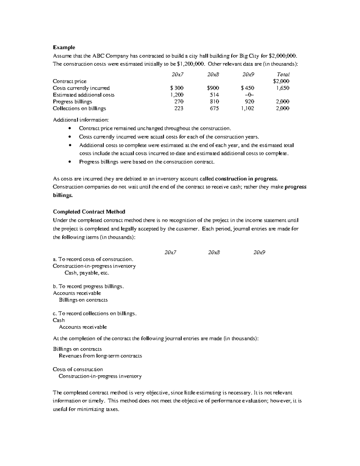 Contracts - Example Assume that the ABC Company has contracted to build ...