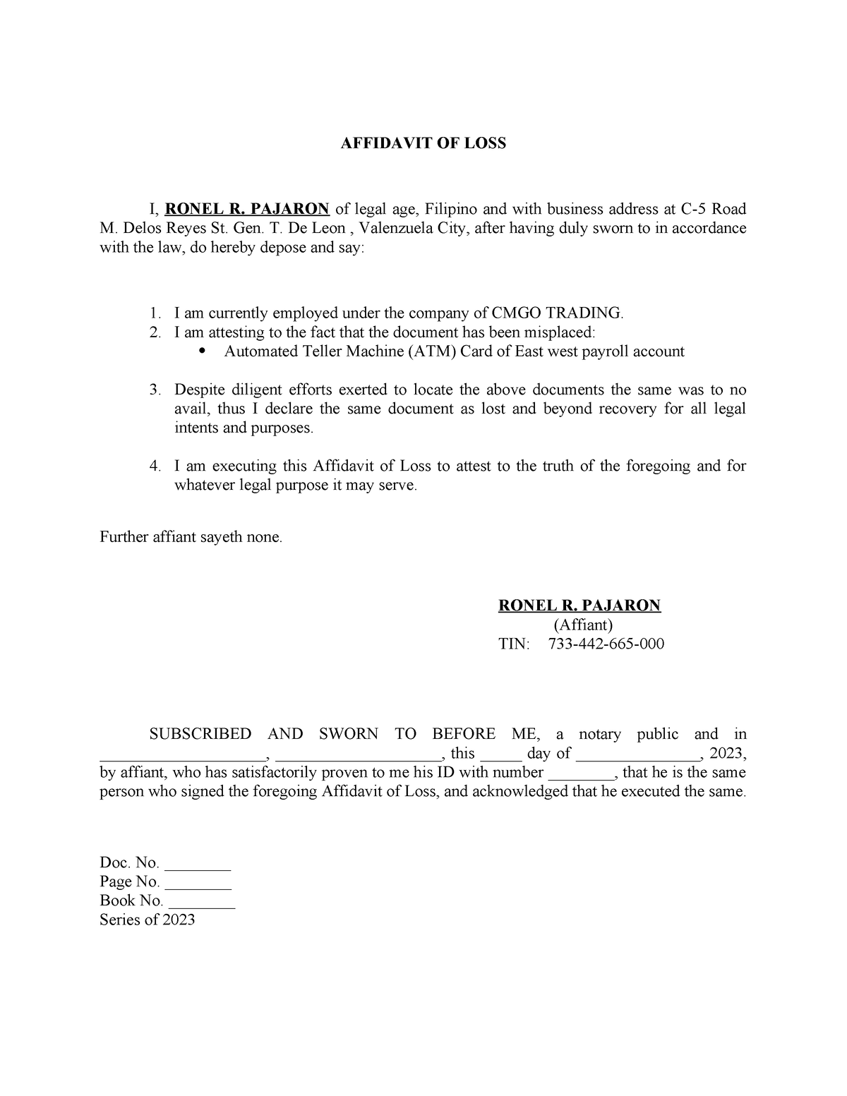 Affidavit of Loss Ronnel Pajaron - AFFIDAVIT OF LOSS I, RONEL R ...