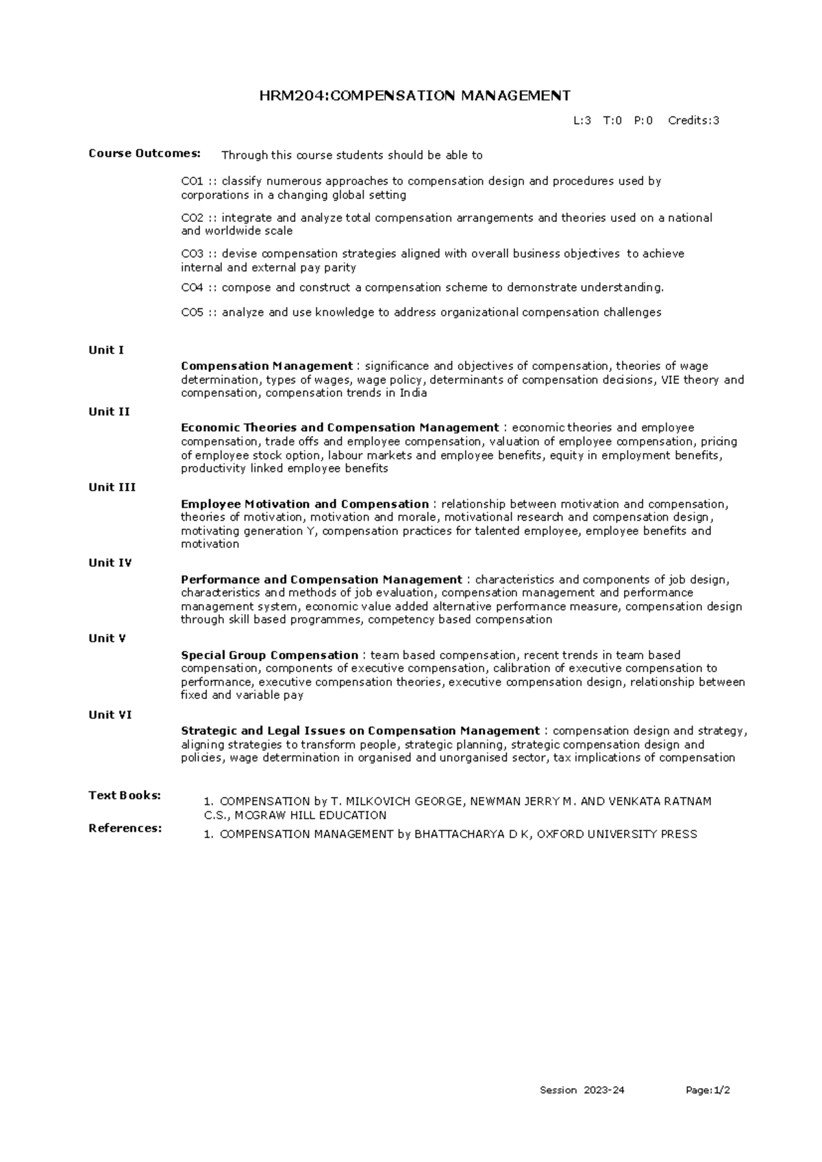 Syllabus - HRM204:COMPENSATION MANAGEMENT Course Outcomes: CO1 ...