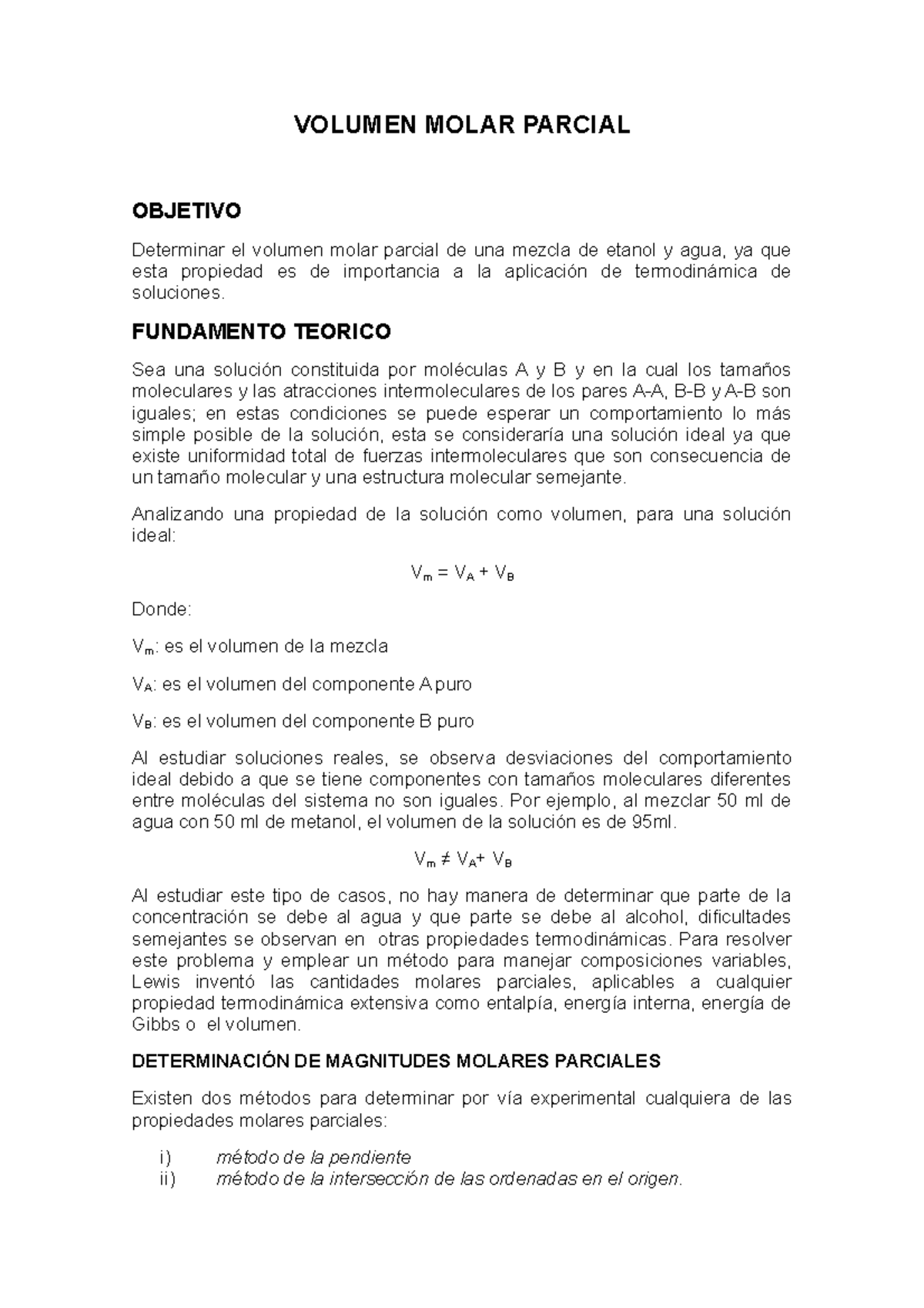 Volumen Molar Parcial - VOLUMEN MOLAR PARCIAL OBJETIVO Determinar El ...