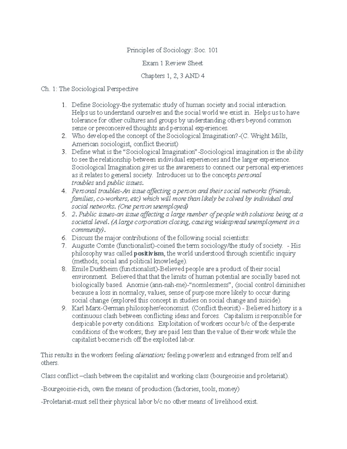 Principles of Sociology 101 Exam 1 Review Sheet Chapters 1, 2, 3 AND