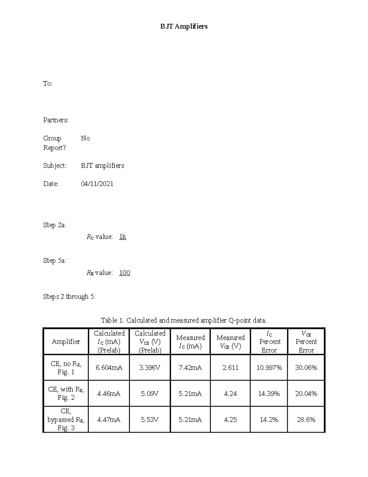 Lab 10 BJT Lab 10 BJT BJT Amplifiers To Partners Group Report? No Subject BJT amplifiers