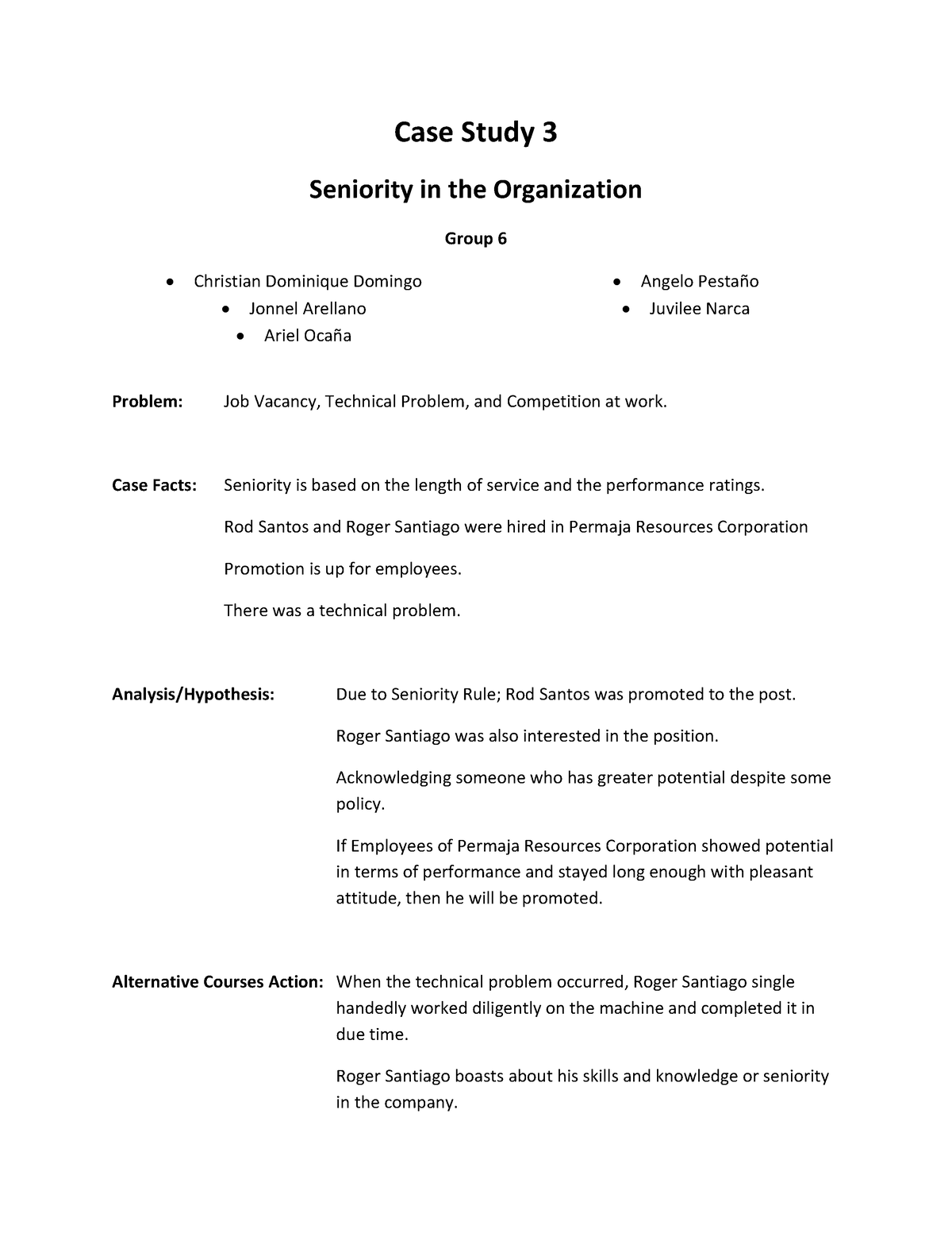 case study 3 seniority in the organization problem