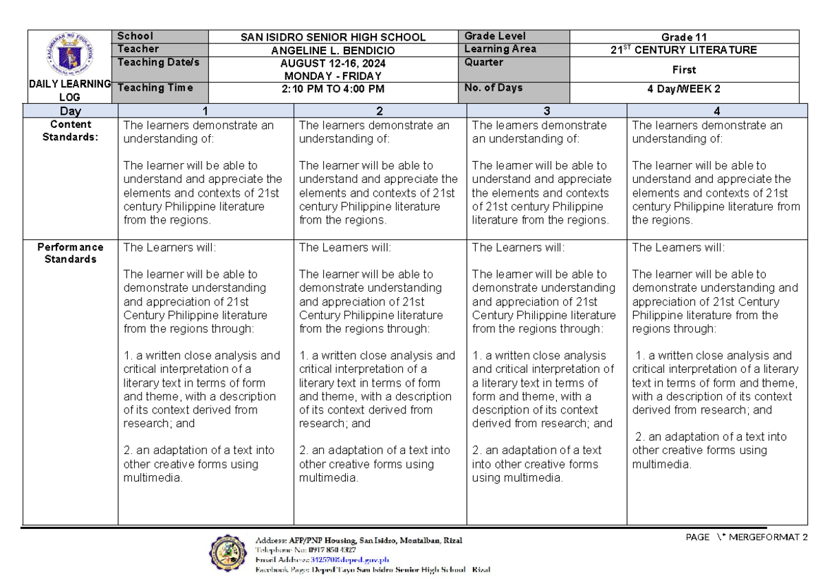 DLL- 21st Century Week 1 - DAILY LEARNING LOG School SAN ISIDRO SENIOR ...