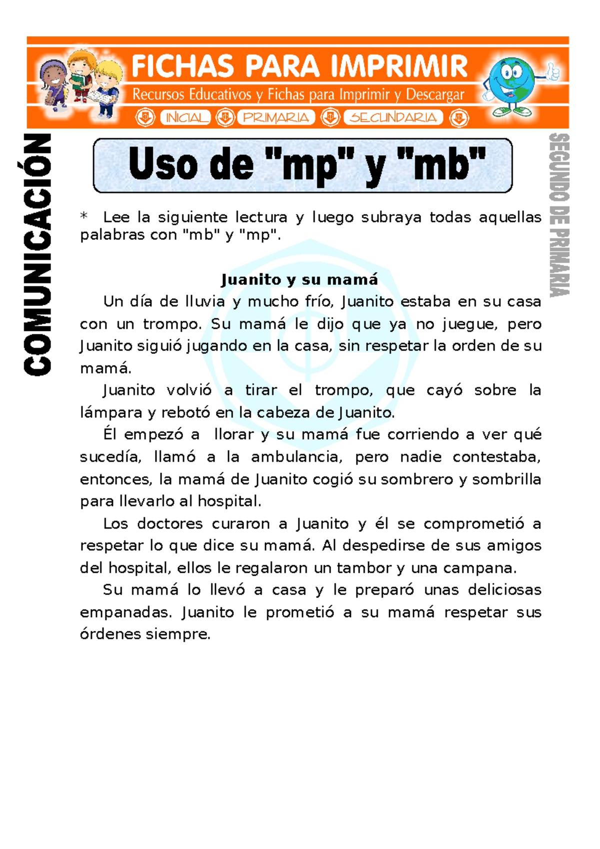 Ficha De Uso De Mp Y Mb Para Segundo De Primaria Lee La Siguiente Lectura Y Luego Subraya