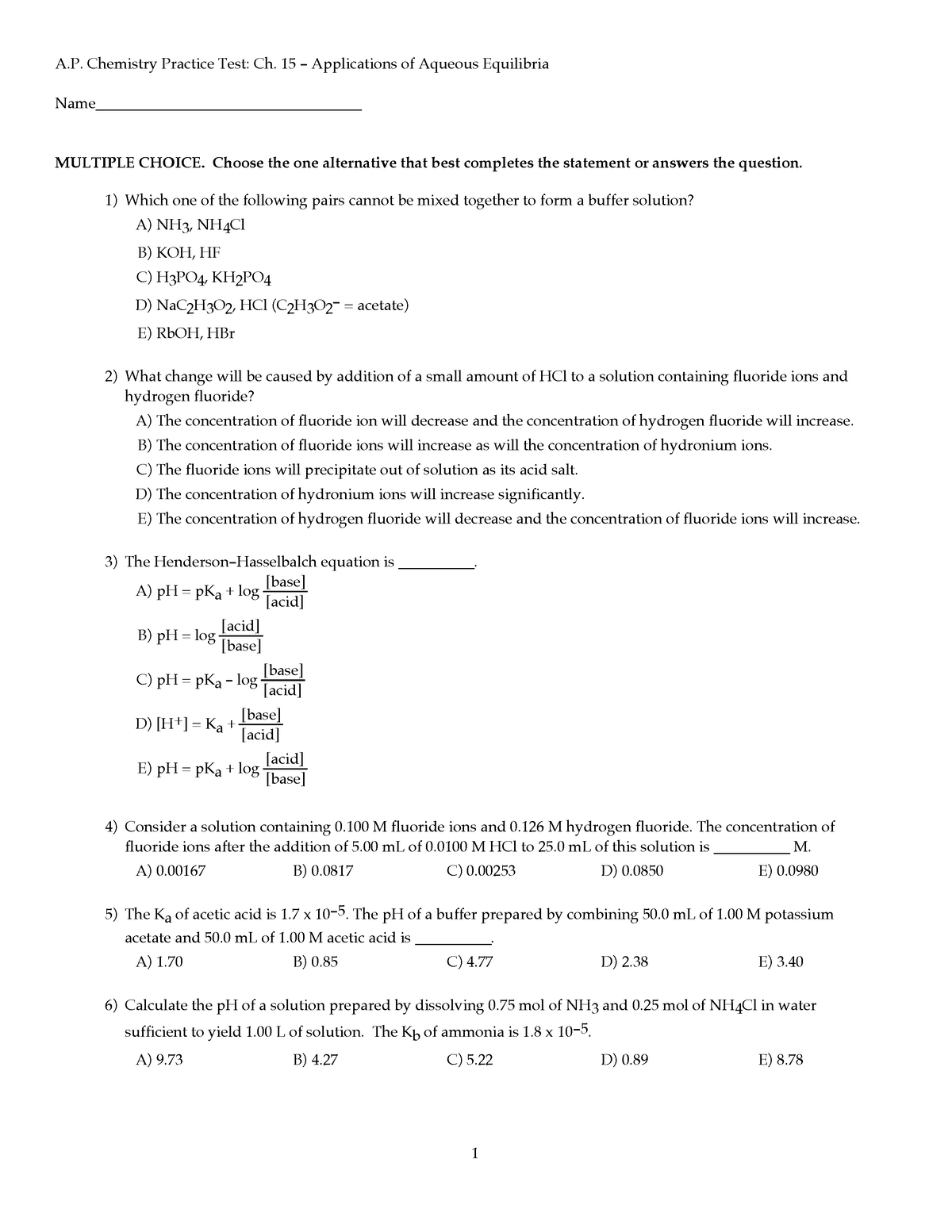 Ch 17 prac test applic aqueous equilib combo - A. Chemistry Practice ...