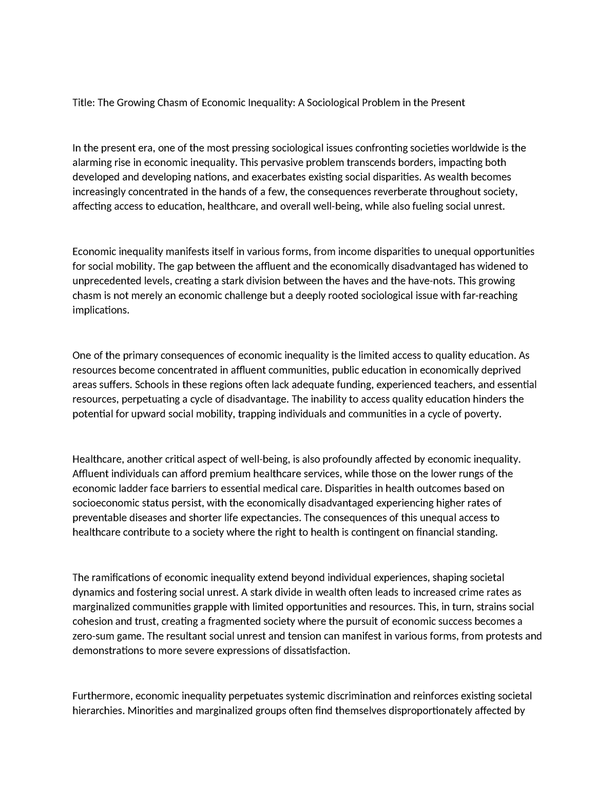 Sociological Problem Essay - Title: The Growing Chasm of Economic ...