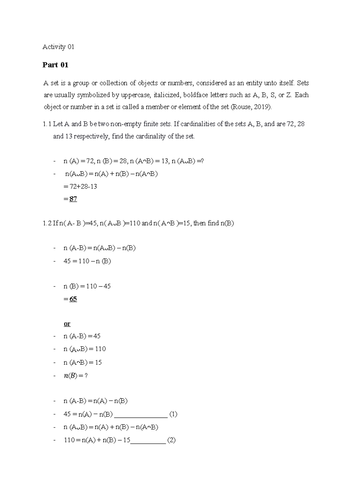 Discreet mathametics - Activity 01 Part 01 A set is a group or ...