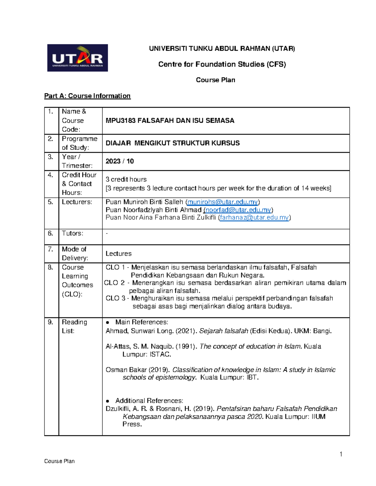 2.Course Plan MPU3183 FIS 202310 - 1 UNIVERSITI TUNKU ABDUL RAHMAN ...