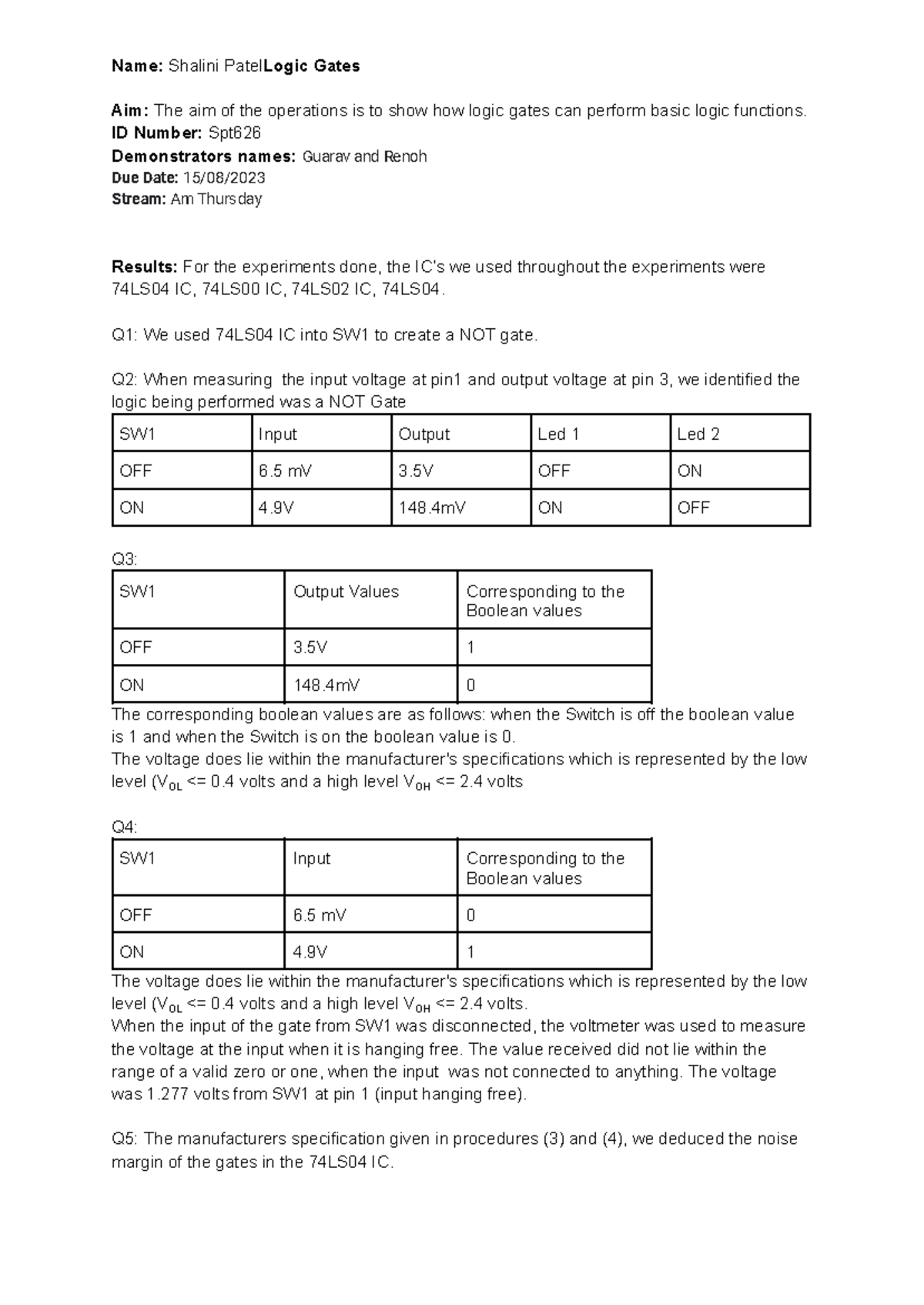Report 1 - asd - Aim: The aim of the operations is to show how logic ...