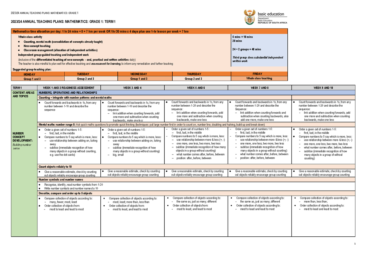 ATP 202324 Gr 1 Mathematics final 2023/24 ANNUAL TEACHING PLANS