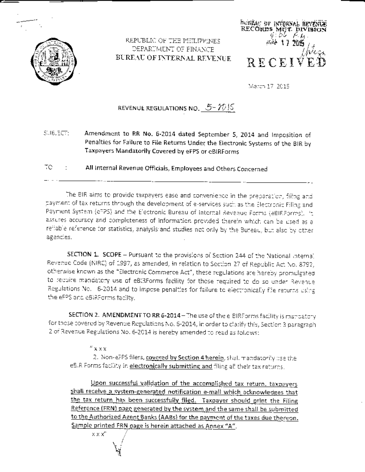 Revenue Regulations No. 5, Series of 2015 - accountancy - MSU GENSAN ...