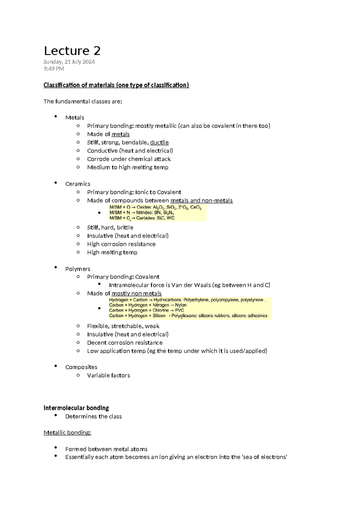 Eng materials notes weeks 1-6 - Lecture 2 Sunday, 21 July 2024 9:49 PM ...