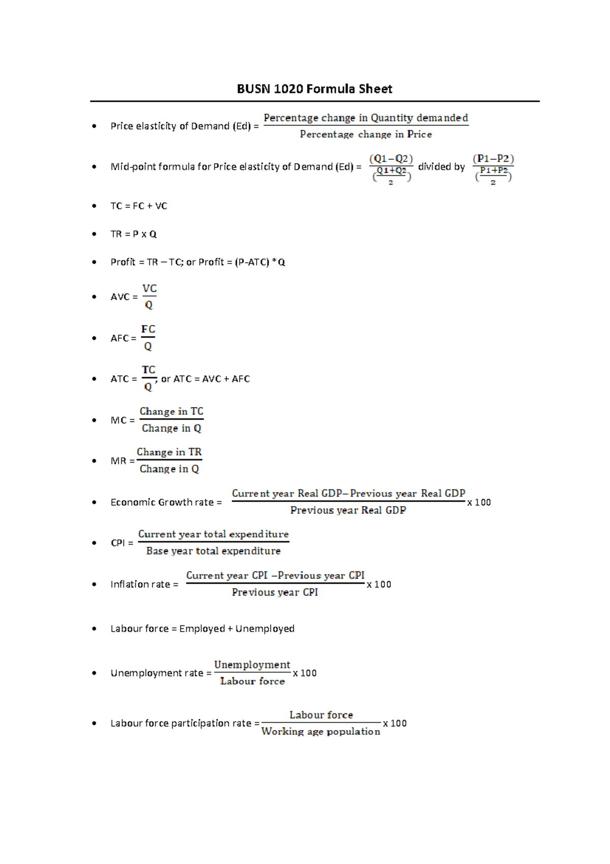 BUSN1020 Formula sheet S1 2023 - BUSN 1020 Formula Sheet • Price ...