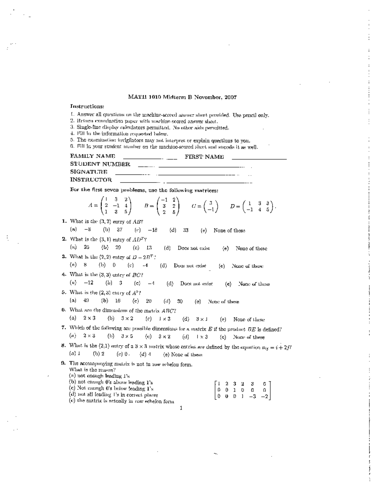 Exam November 2007, Questions - Midterm B - MATH 1010 - Studocu