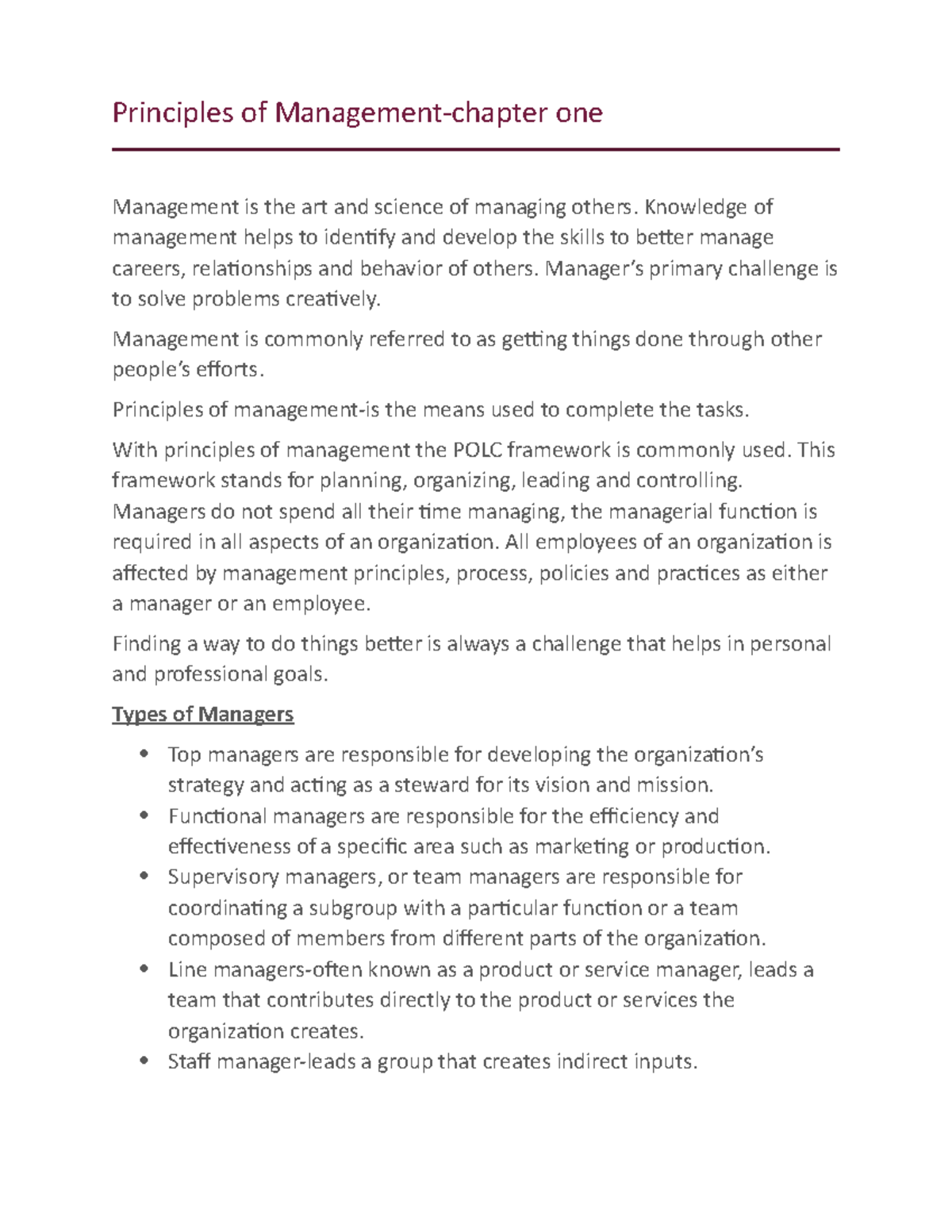 Chapter 1 Notes - Principles Of Management-chapter One Management Is ...