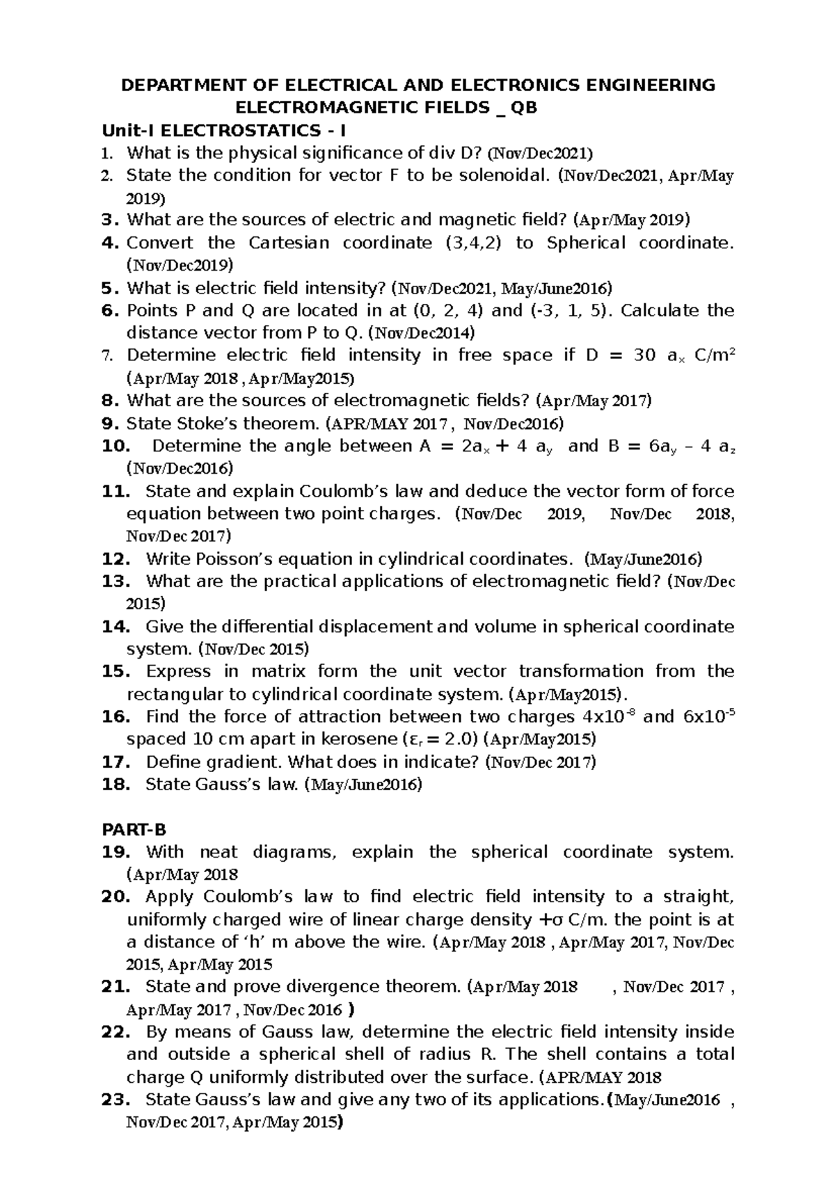 EMT QB 2021-22 - Electromagnetic theory QB - DEPARTMENT OF ELECTRICAL ...