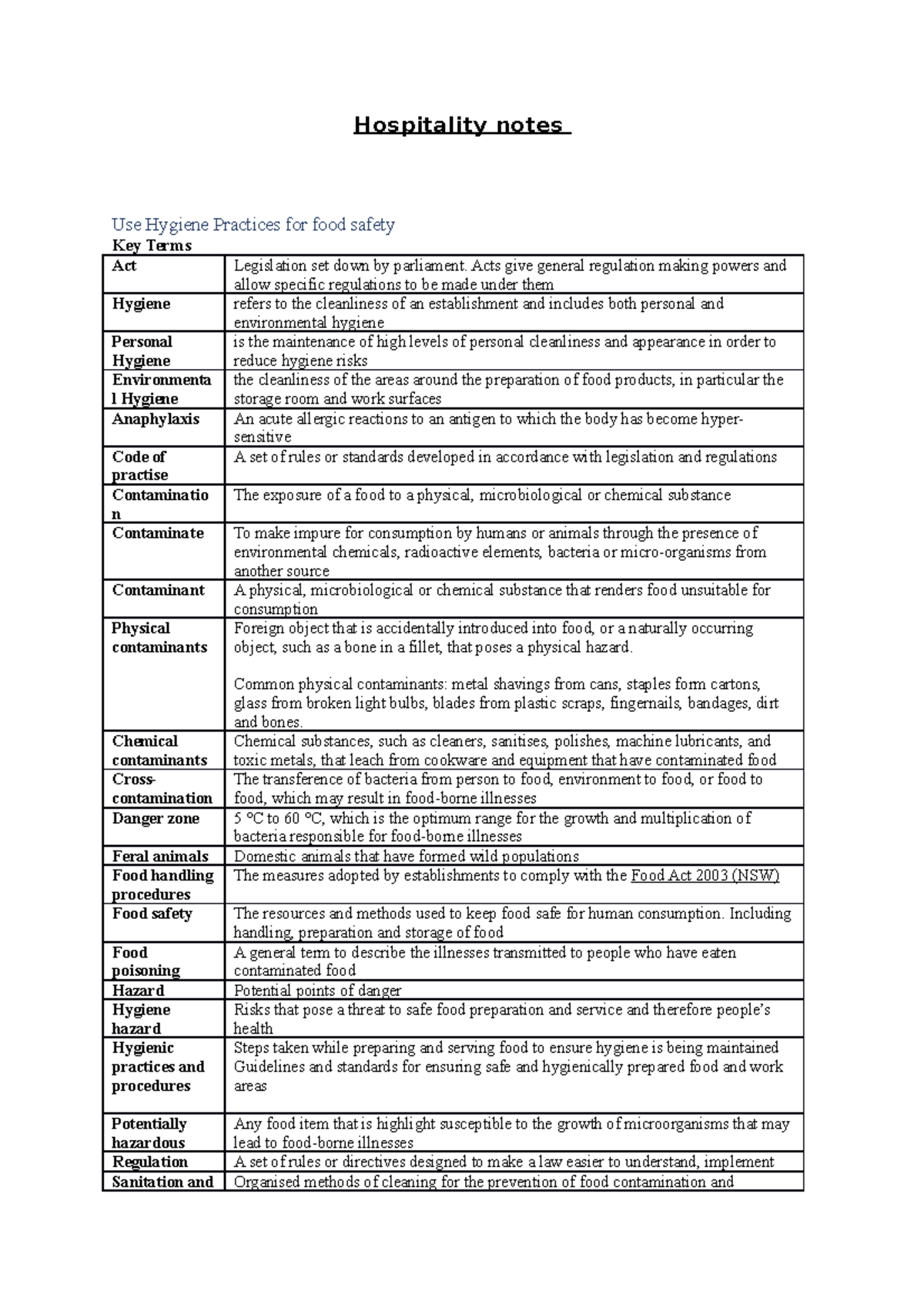 Hospitality notes Hospitality notes Use Hygiene Practices for food