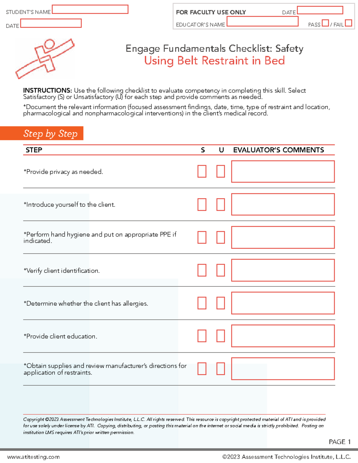 Skills Checklist Safety Belt Bed - atitesting ©2023 Assessment ...