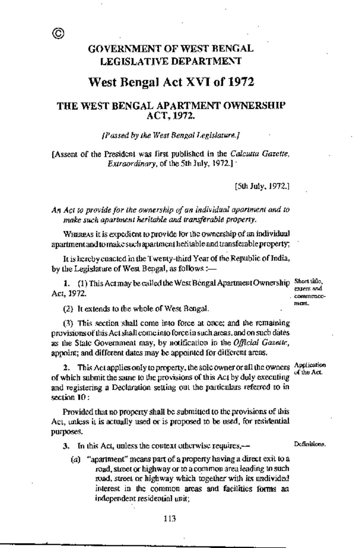 Apartment ownership act GOVERNMENT OF WEST BENGAL LEGISLATIVE