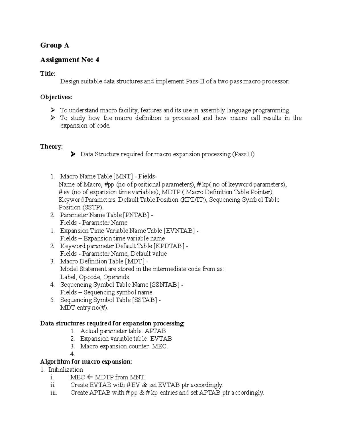 Group A 4 Pass two of macro - Group A Assignment No: 4 Title: Design ...