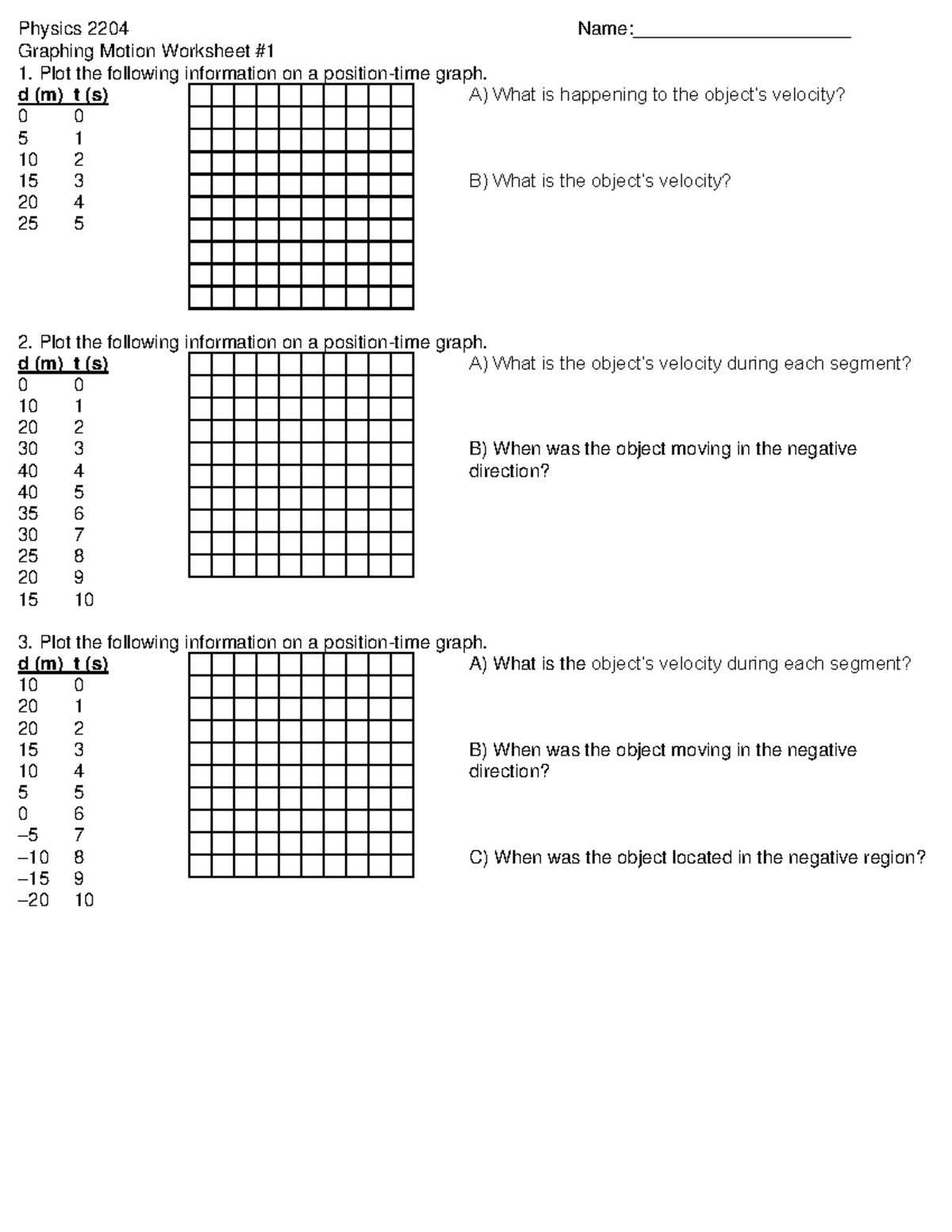 GraphingMotionWorksheet Physics 2204 Name