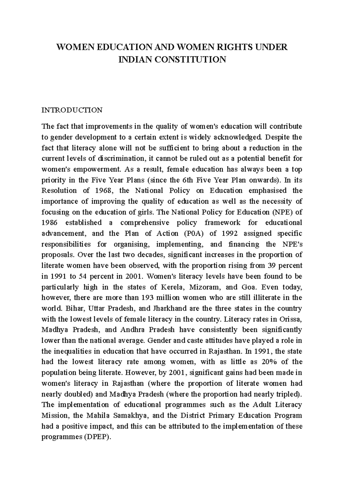 Women Education AND Women Rights Under Indian Constitution WOMEN EDUCATION AND WOMEN RIGHTS