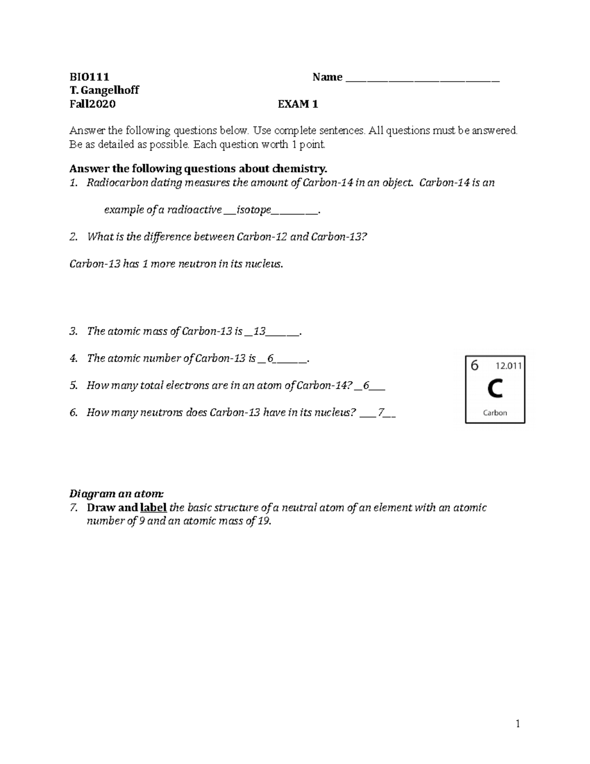 BIO111 Exam 1 Hybrid - Exam 1 - BIO111 Name ...