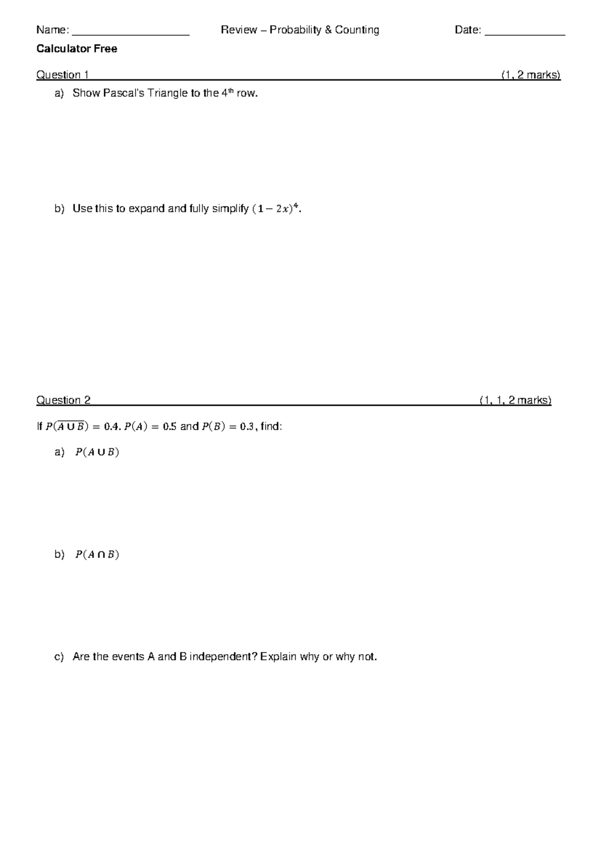Practice Questions - Probability & Counting - Name ...