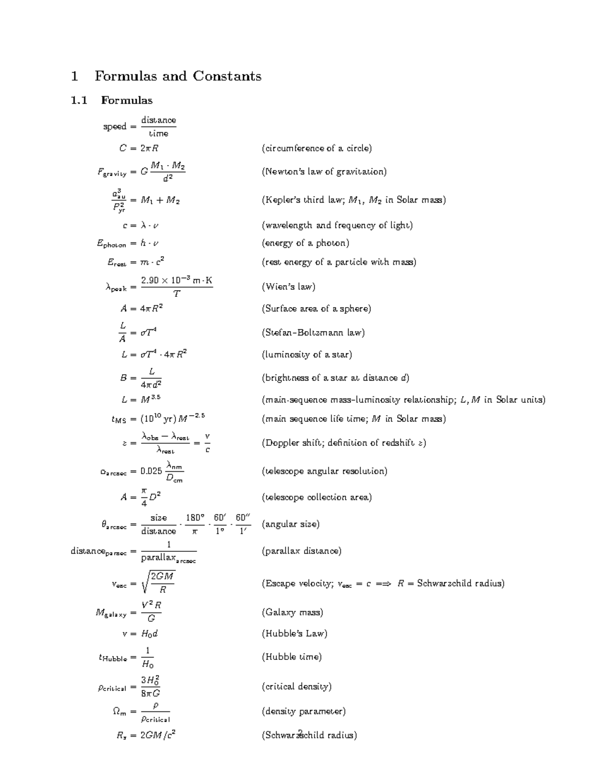 Astronomy 103 Final equation sheet - 1 Formulas and Constants 1 ...