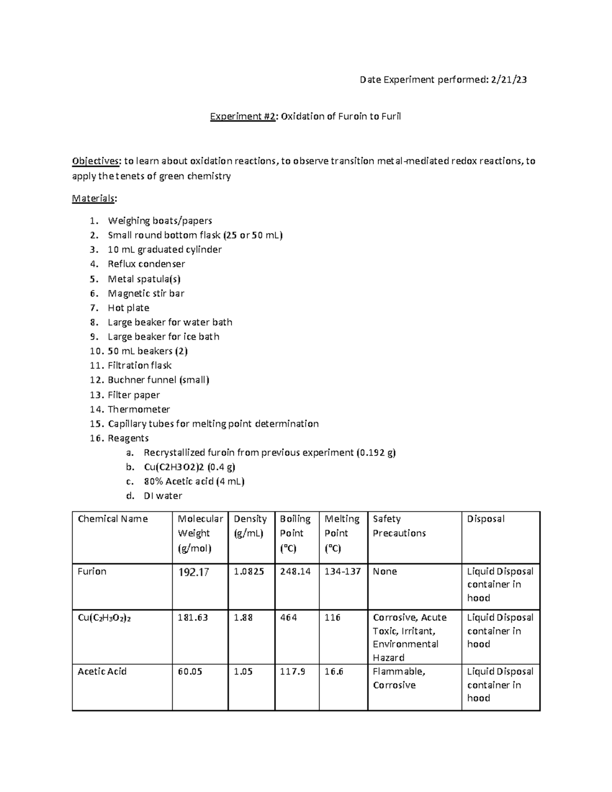 OChem II Lab 3 Prelab - Most Recent Lab Work - Date Experiment ...