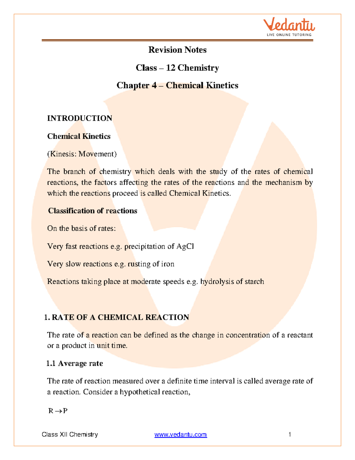 Class 12 Chemistry Revision Notes Chemical Kinetics - Revision Notes ...