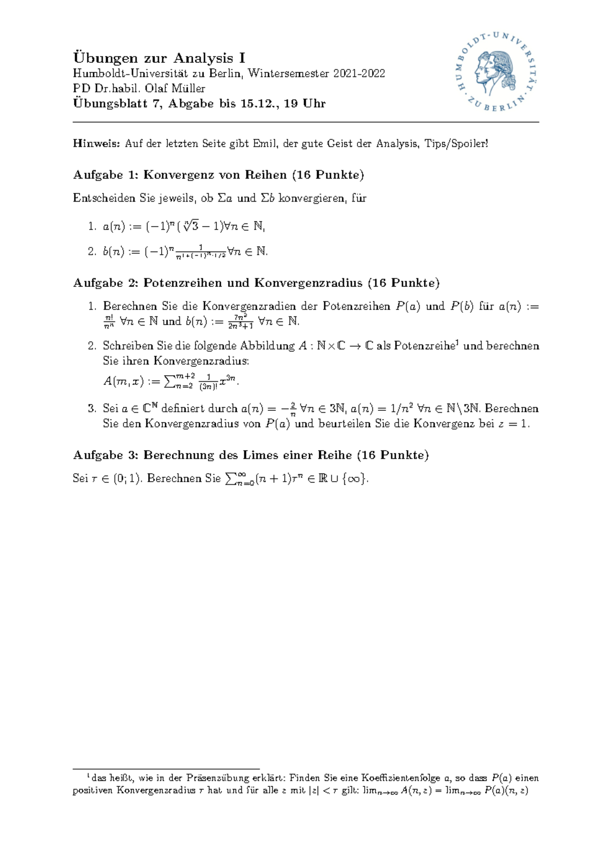 Analysis 1 Übungsblatt 7 Ubungen Zur Analysis I ̈ Humboldt Universit ̈at Zu Berlin