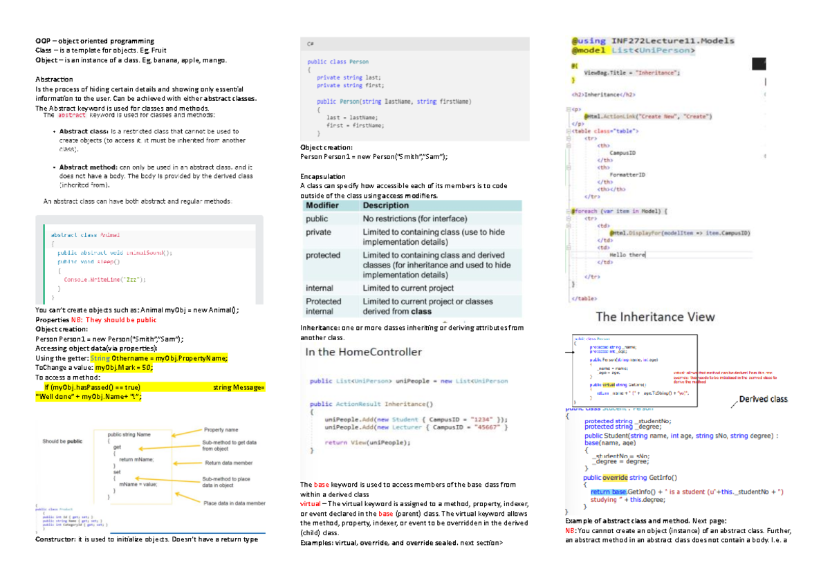 Inf272 sem test 2 cheatsheet - OOP – object oriented programming Class ...