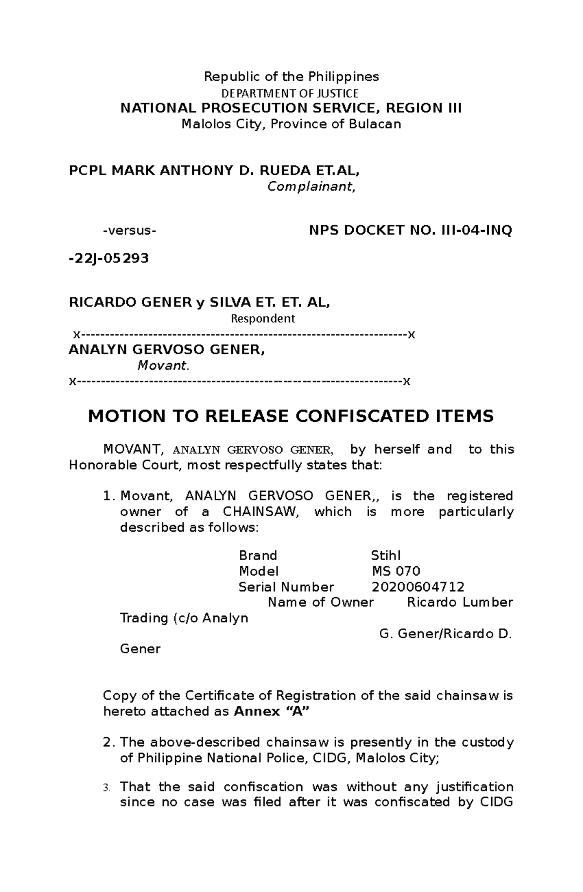 Motion TO Release Vehicle 21 Republic of the Philippines DEPARTMENT