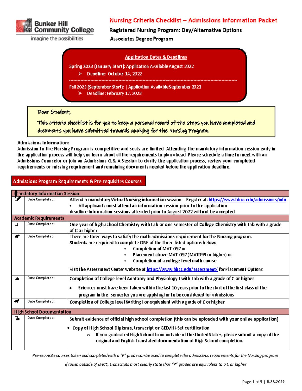 Nursing Criteria Checklist Admissions Information Packet Spring 2023 