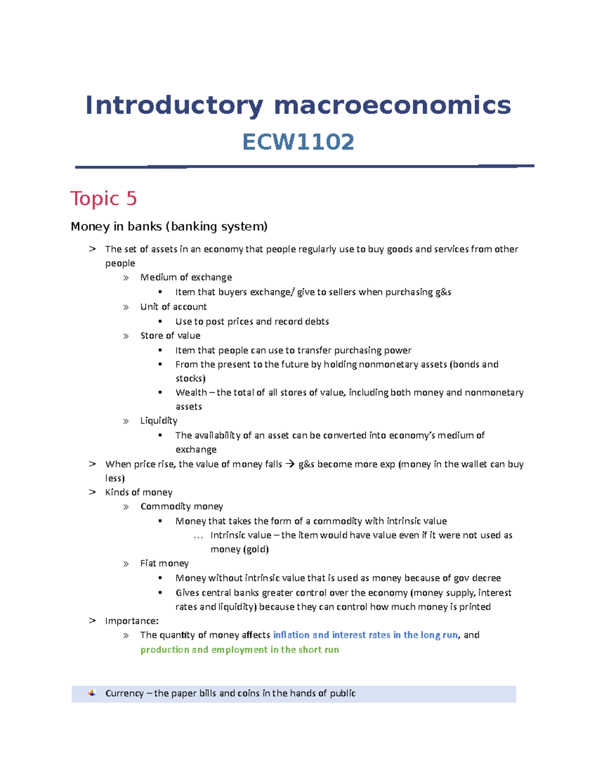 T5- Money and inflation - Introductory macroeconomics ECW Topic 5 Money ...