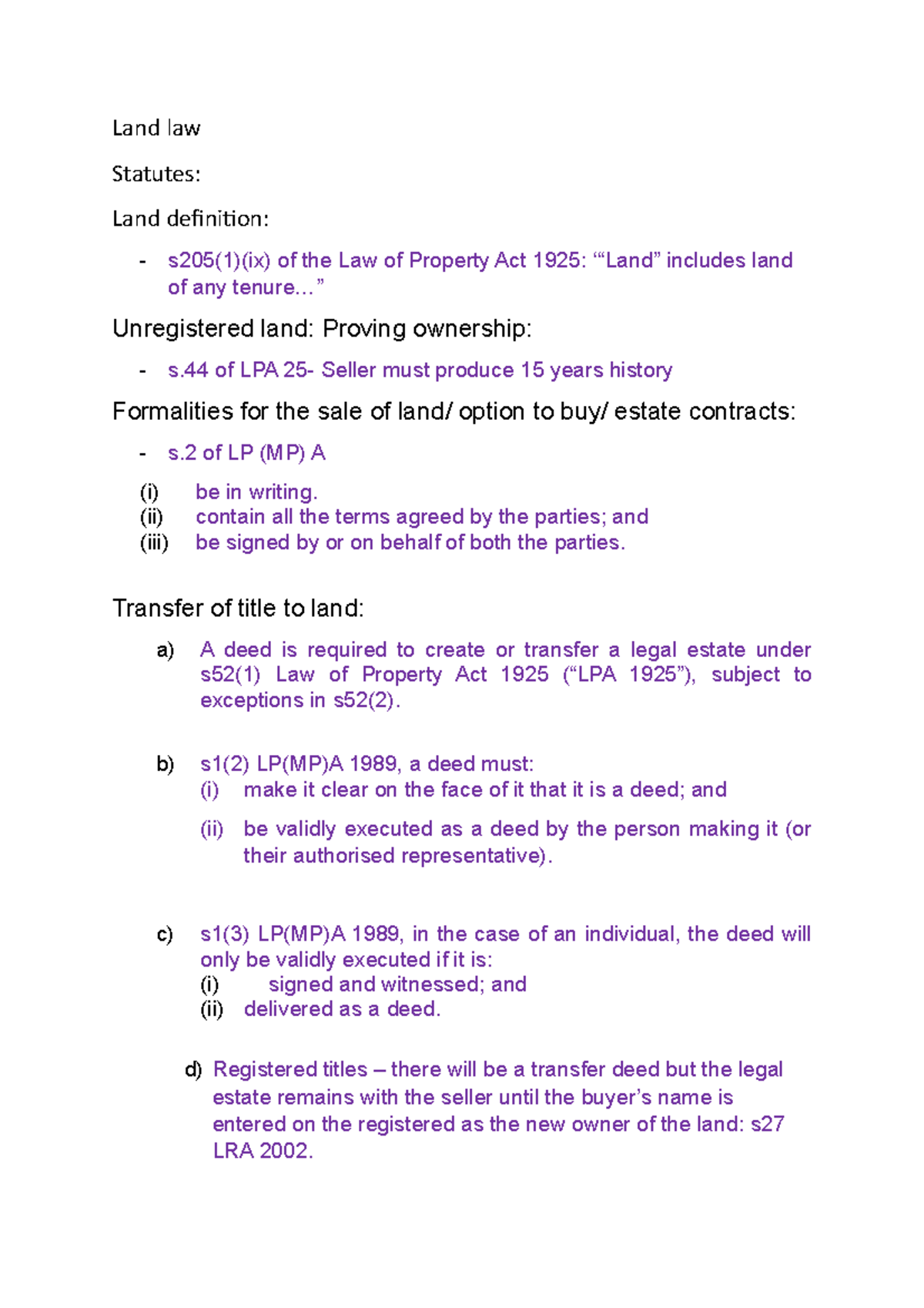Land law Revision Lecture notes 1 Land law Statutes Land