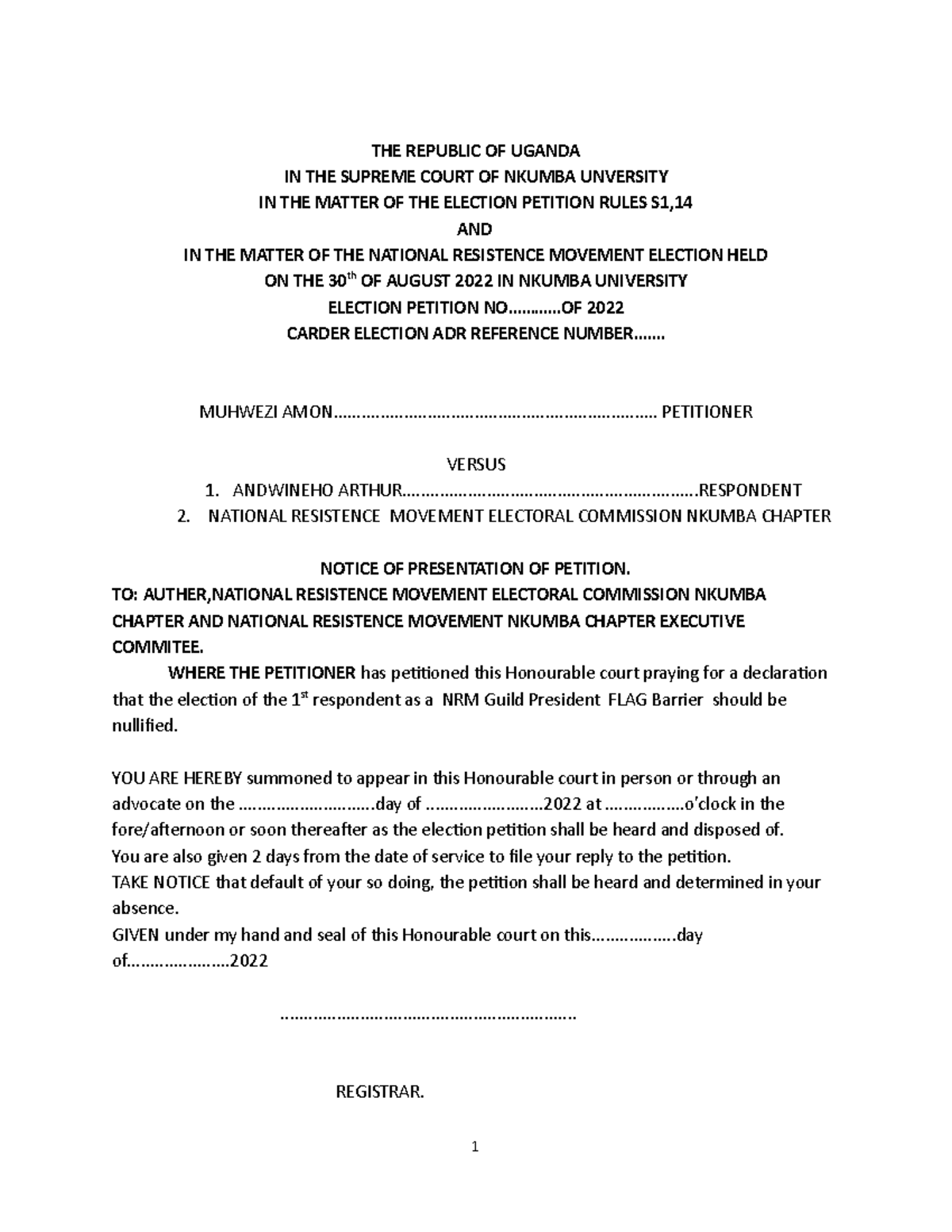 Bamba - PETITION - THE REPUBLIC OF UGANDA IN THE SUPREME COURT OF ...