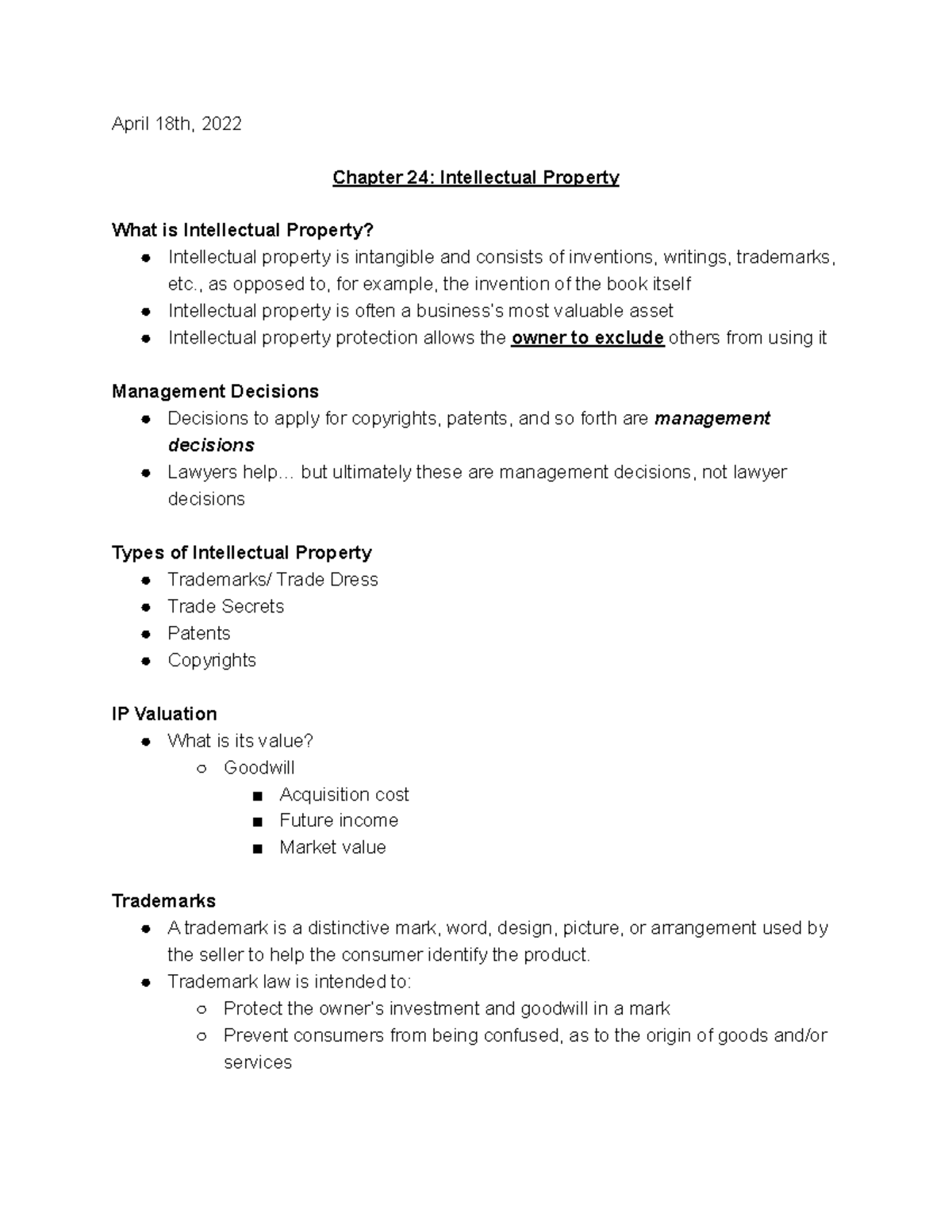 Chapter 24 Lecture Notes - April 18th, 2022 Chapter 24: Intellectual ...