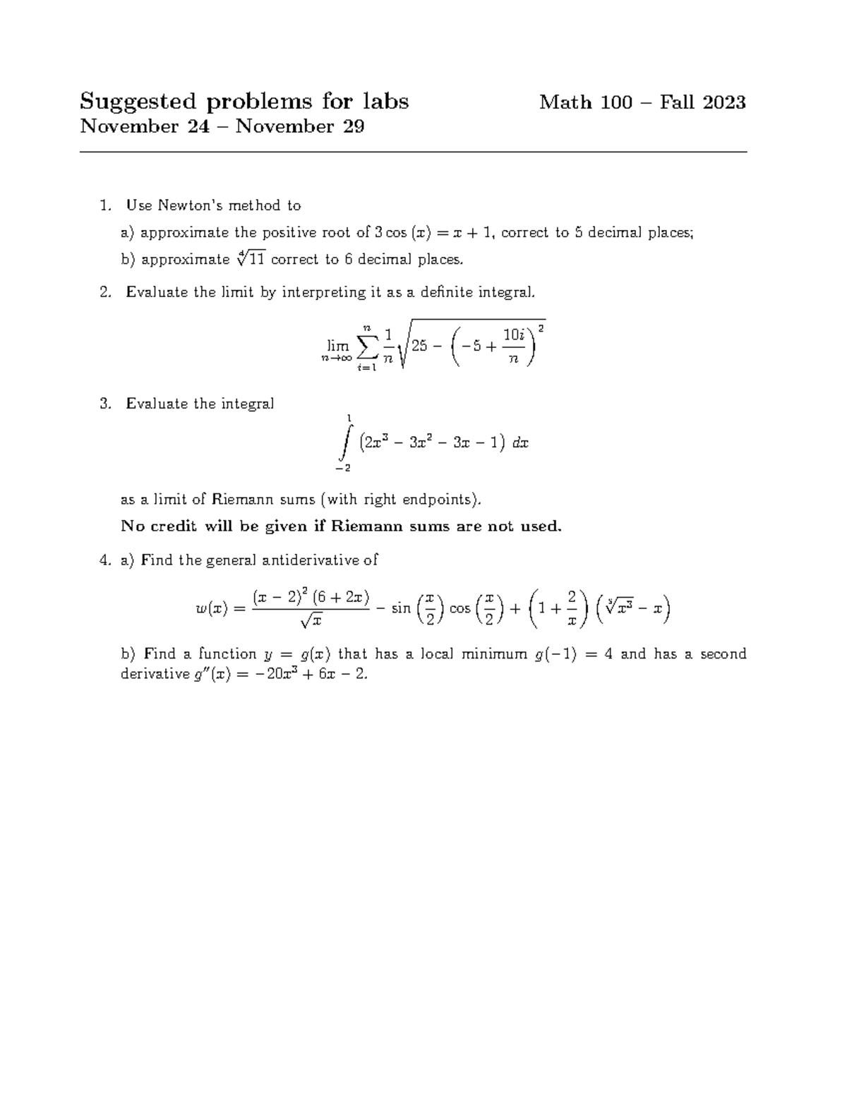 Lab9 - Questions to solve - Suggested problems for labs Math 100 – Fall ...