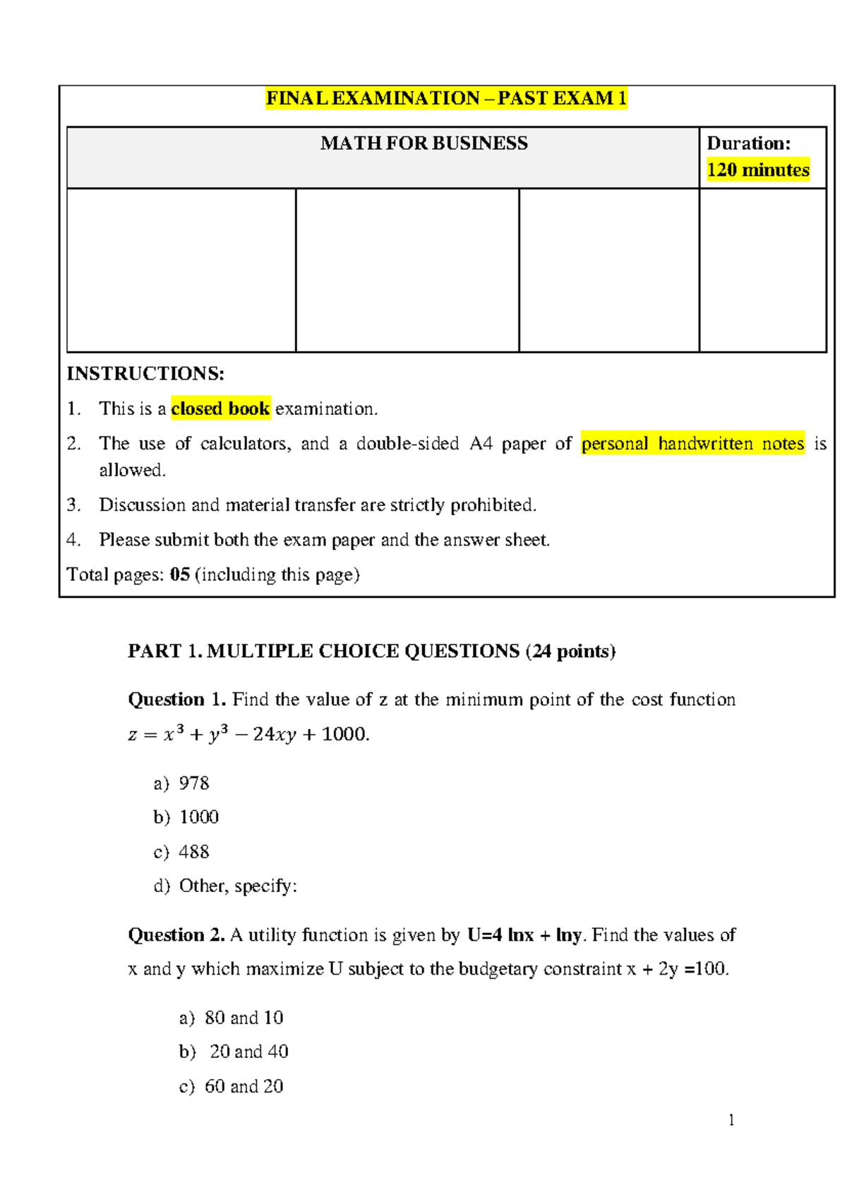 M4B Past exam 1 - note - FINAL EXAMINATION – PAST EXAM 1 MATH FOR ...