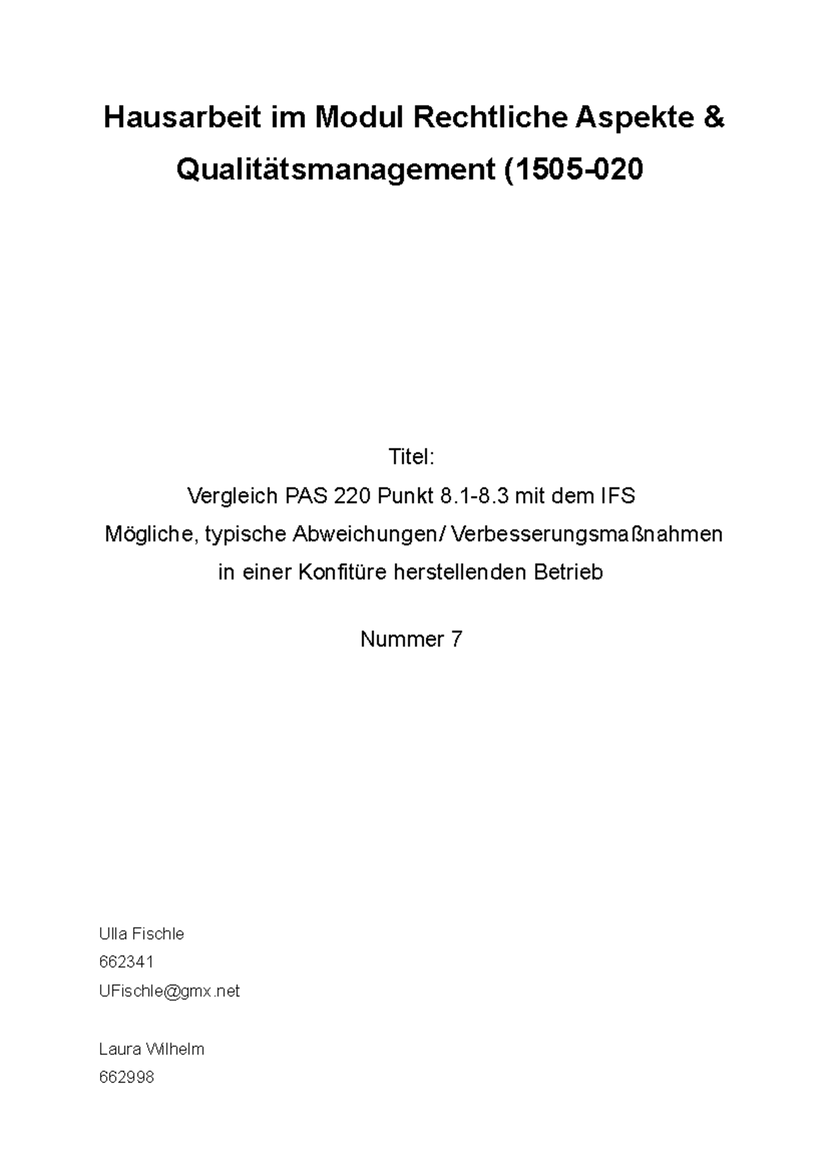 Stand 20.01 Hausarbeit im Modul Rechtliche Aspekte & Qualitätsmanagement (1505020 Studocu