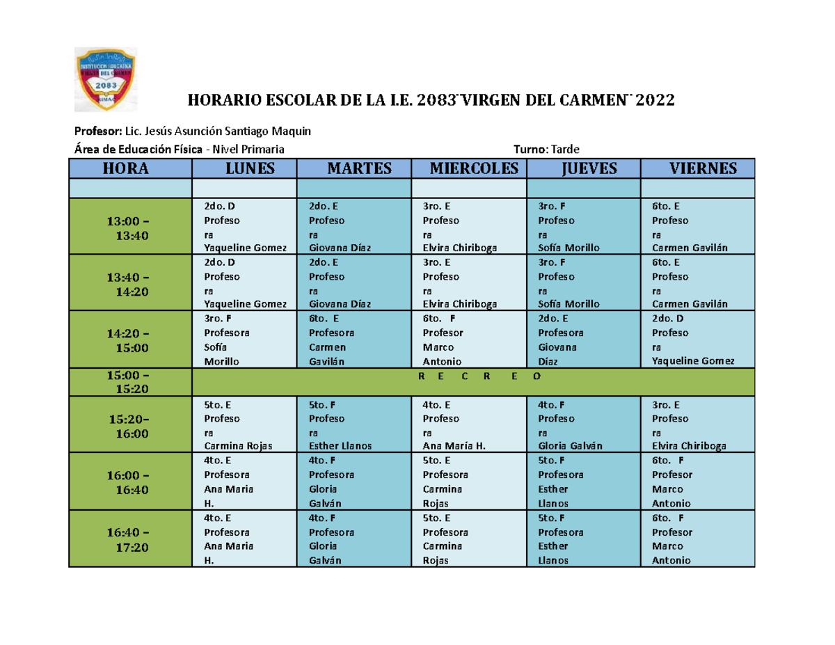 Horario Escolar-ED. Fisica-2022- Turno Tarde. (1) actualizado - HORARIO ...