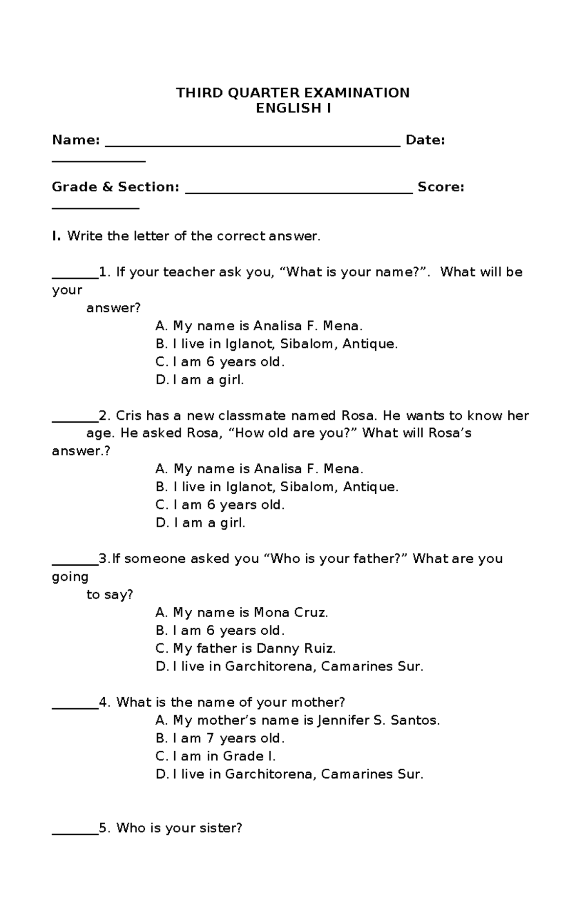 3rd 4th periodical exam english - THIRD QUARTER EXAMINATION ENGLISH I ...